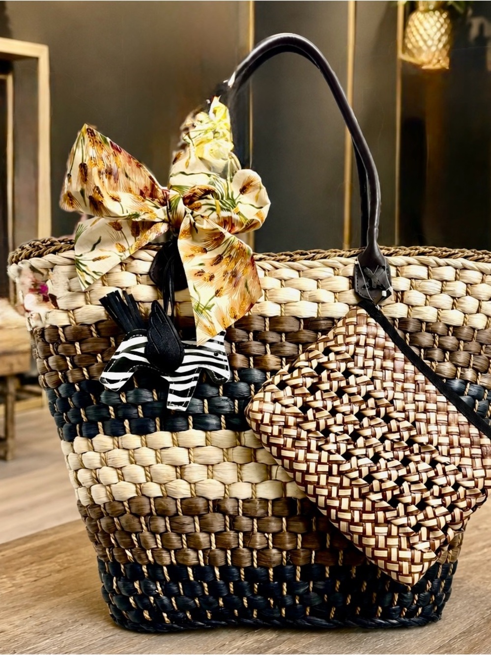 Vintage Handwoven Mixed Raffia Maize Husk Tote Bag Pouch Bow Zebra Charm Purse
